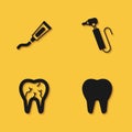 Set Tube of toothpaste, Tooth, Broken and drill icon with long shadow. Vector