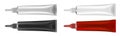 Set of tubes with long nozzle and long cap. Red, white, black and silver. Cosmetic packaging