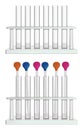 A set of tubes in racks. Empty test tubes and test tubes with measuring laboratory pipettes. Special laboratory