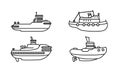 Set of tugboats. Collection of towboat ships in flat style