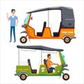 Set Tuk Tuk Asian auto rickshaw three wheeler tricycles with local driver. Thailand, Indian countries baby taxi. Vector