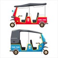 Set Tuk Tuk Asian auto rickshaw three wheeler tricycles red and blue. Thailand, Indian countries baby taxi. Vector