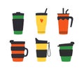 Set of tumblers with cap, handle and straw. Reusable cups and thermo mug. Different designs of thermos for take away