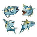 Set of Tuna Blackfin different style moving on the sea Vector Illustration