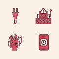 Set Turn off robot from phone, Electric plug, Error in and Robot burned out icon. Vector