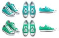 2 Set of turquoise blue green sneaker lace up sport-shoe sports shoe front, top and side view on transparent cutout, PNG Royalty Free Stock Photo