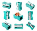 Set with turquoise pencil sharpeners on white background Royalty Free Stock Photo