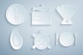 Set Turtle, Scallop sea shell, Mussel, Served fish on plate, Seafood store and Octopus icon. Vector