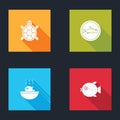 Set Turtle, Served fish on a plate, Puffer soup and icon. Vector