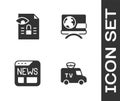 Set TV News car, Journalistic investigation, and Breaking news icon. Vector