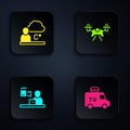 Set TV News car, Weather forecast, Breaking news and Drone. Black square button. Vector