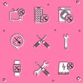 Set Tv service, Mobile Apps, Washer, Location, Crossed screwdrivers, Wrench, Smartwatch and and wrench icon. Vector