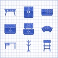 Set TV table stand, Coat, Chair, Sofa, Office desk, Wardrobe, Chest drawers and icon. Vector Royalty Free Stock Photo