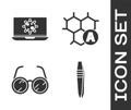 Set Tweezers, Bacteria on laptop, Laboratory glasses and Chemical formula icon