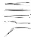 Set of tweezers. Long serrated angled tweezers, anatomical forceps, dental straight surgical pincers, curved tweezers