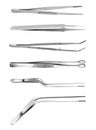 Set of tweezers. Long serrated angled tweezers, anatomical forceps, dental straight surgical pincers, curved tweezers