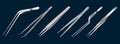 Set of tweezers. Long serrated angled tweezers, anatomical forceps, dental straight surgical pincers, curved tweezers