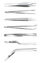 Set of tweezers. Long serrated angled tweezers, anatomical forceps, dental straight surgical pincers, curved tweezers