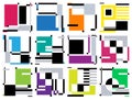 Set of twelve abstract geometric compositions. Colored rectangles and black geometric elements. Avant-Garde graphic style design.