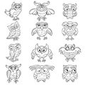 Set of twelve amusing owls outlines