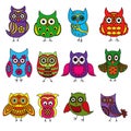 Set of twelve cartoon owls with various patterns