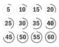 Set of twelve circular timer icons for countdown from five to sixty for interface design elements. Royalty Free Stock Photo