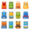 Set of twelve colored school backpacks. Education and study flat collection, back to school, schoolbag luggage, rucksack