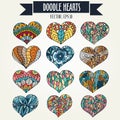 Set of twelve colorful doodle hearts in ornament silhouette style