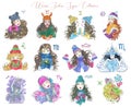 Set with twelve colorful zodiac symbols as girls in warm clothes, mittens and scarf, isolated on white background