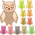 Set of twelve colourful owls isolated on white background