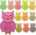 Set of twelve colourful owls isolated on white background