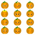 Set of twelve cute kawaii pumpkin vegetable characters different emotions and accessories in cartoon style. Vector illustration,