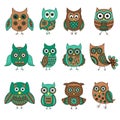 Set of twelve funny cartoon owls with various patterns