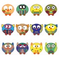 Set of twelve funny oval owls in various colors