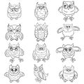 Set of twelve funny owls outlines