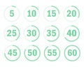 Set of twelve mint green circular timer icons for countdown from five to sixty for interface. Royalty Free Stock Photo