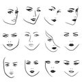 Set of twelve outlines of young women faces