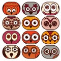 Twelve cute owl faces in oval shapes