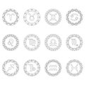 Set twelve signs of zodiac symbols in round frames - black and white outline - adult coloring book page