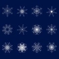 Set of twelve snowflakes on a blue background.The second set