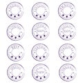 A set of twelve vintage purple stamps characterize the product