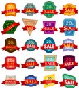 Set of twenty discount stickers. Colorful badges with red ribbon for sale 20 percent off. Royalty Free Stock Photo