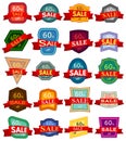 Set of twenty discount stickers. Colorful badges with red ribbon for sale 60 percent off.