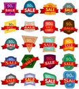 Set of twenty discount stickers. Colorful badges with red ribbon for sale 90 percent off. Royalty Free Stock Photo