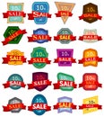 Set of twenty discount stickers. Colorful badges with red ribbon for sale 10 percent off. Royalty Free Stock Photo