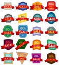Set of twenty discount stickers. Colorful badges with red ribbon for sale 80 percent off.