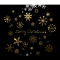 Set of twenty-five hand-drawn gold texture snowflakes and inscription Merry Christmas.