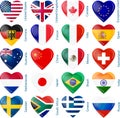 Set of twenty flags in heart shape. Popular countries