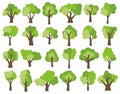 Set of twenty four different cartoon green trees isolated on white background. Royalty Free Stock Photo