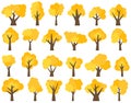 Set of twenty four different cartoon yellow trees isolated on white background Royalty Free Stock Photo